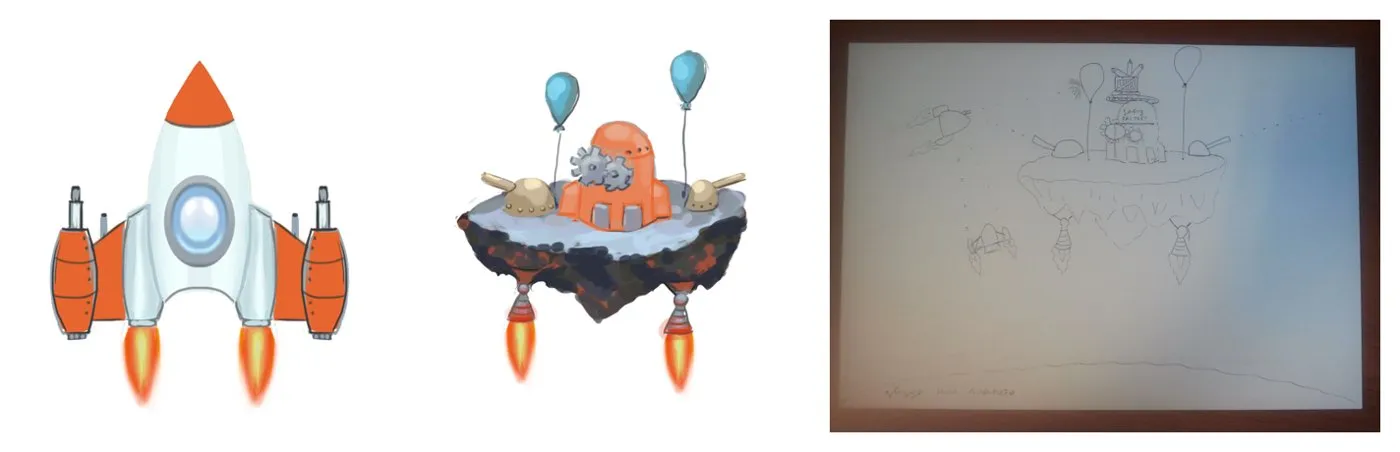 Ship sketches, the flying factory and a pencil sketch of a platform