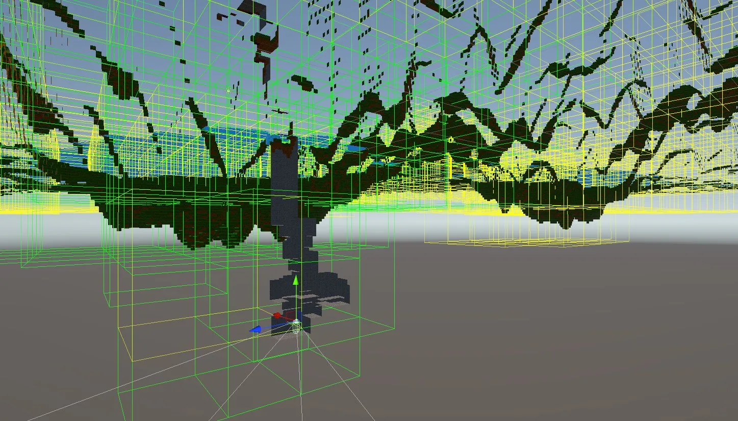 Chunks in debug view, seen from below the world